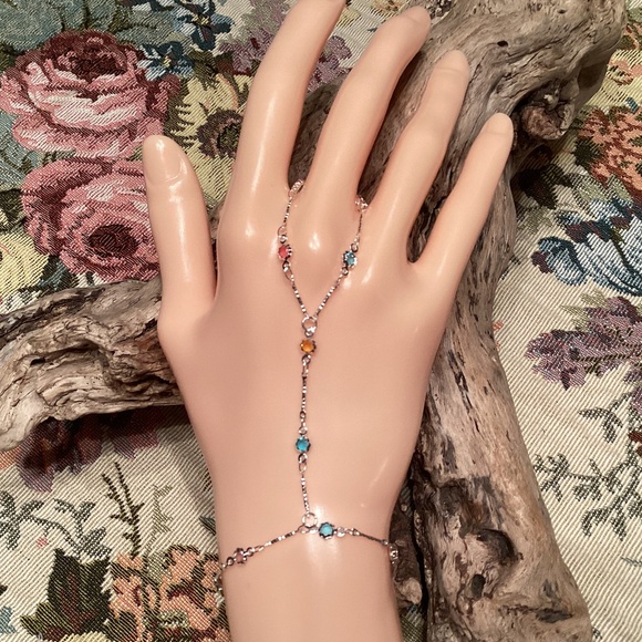 Handcrafted Jewelry - Silver Plated Multicolored Crystal Ring Hand Chain